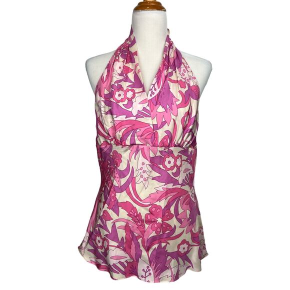 Express Tops - VTG Y2K 100% SILK EXPRESS Floral Pink and Cream BABYDOLL Halter Top Large